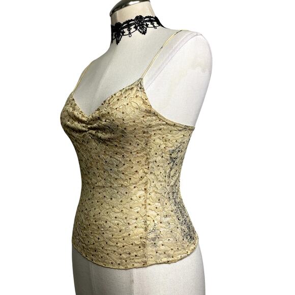 Rare Vintage 90's Forever 21 Bedazzled Gold Lace Glam Grunge Rouched Tank Top - Picture 3 of 16